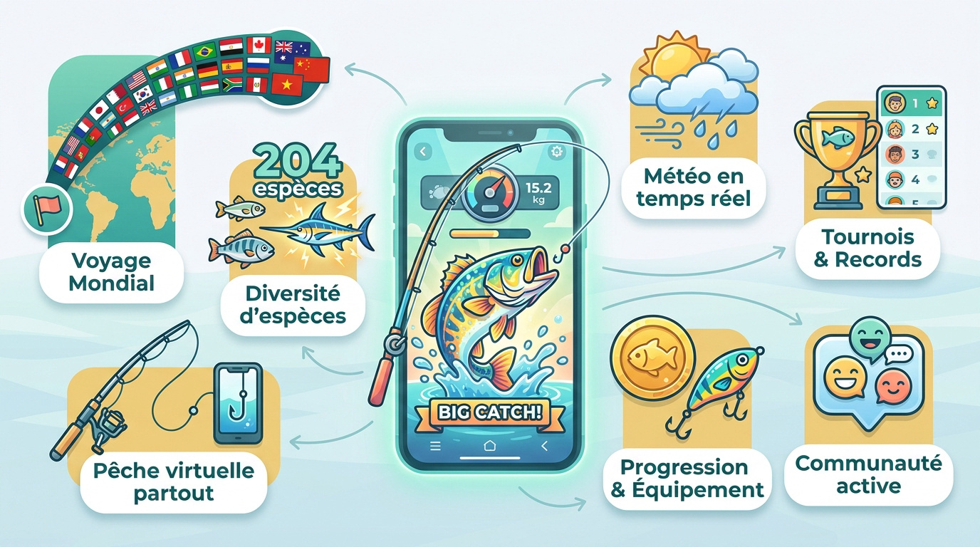 Infographie présentant les fonctionnalités du jeu de pêche Tisch Fishing Game Big Catch